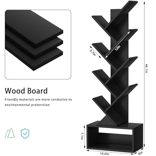 SHEEPAM 9 Tier Tree Bookshelf,Christmas Green Bookcase for Narrow Space, Storage Organizer Floor Standing Bookshelves for Books, Tall Book Case for Home Office, Living Room, Bedroom - color: Classic Black, size: 9 Tier