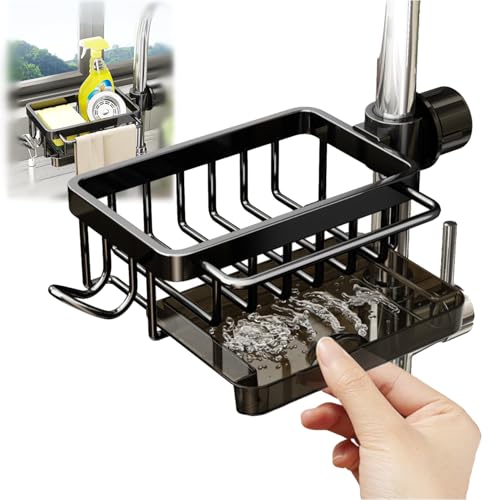 Sink Organizer Rack for Kitchen and Bathroom, 2025 New Stainless Steel Detachable Hanging Faucet Drain Rack with Drip Tray Faucet Sponge Holder for Bathroom, Scrubbers, Soap (Black, Left) - size: Left