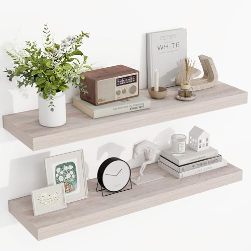 Acovy 36 Inch Floating Shelves, 3D Textured Wood Grain, 36"x9.25"x1.5" Inch Deep Floating Shelves for Wall, Wooden Shelves for Bathroom, Bedroom, Living Room, Washed White, 2 Pieces - color: Washed White, size: 36"x9.25"-2pcs