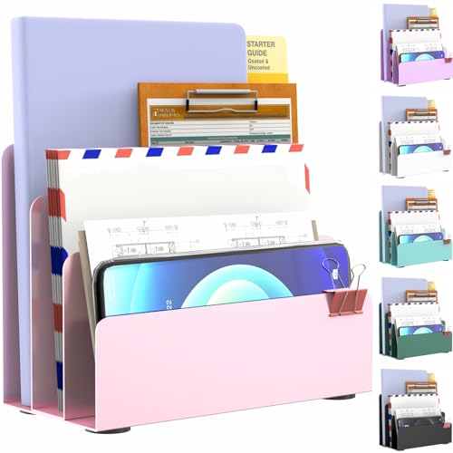Mail Organizer Countertop, Small Desk File Organizer, Metal File Holder - Essential Workspace Organizers for Office Desk, Home Office (Pink) - color: Pink