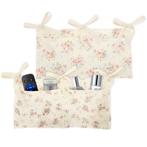 2 Pieces Floral Pattern Bedside Caddy with 2 Pockets, Bedside Hanging Storage Organizer, Dorm Rooms Bunk Bed Storage Bag for Home Phone Remote Control Key Glasses (Beige) - color: Beige