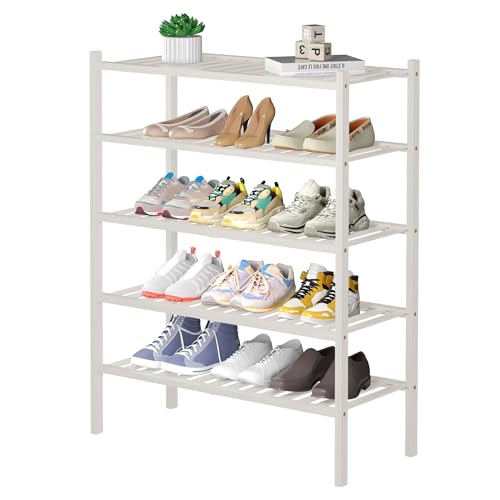 ROMGUAR CRAFT 5 Tier Bamboo Shoe Rack for Closet Free Standing Wood Shoe Shelf for Entryway Small Space Stackable 27"x11"x33" (White) - color: White, size: 5 tier