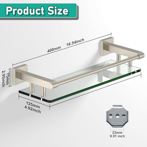 Glass Shelves for Bathroom, 16IN Brushed Nickel Bathroom Shelves for Wall Rectangular Stainless Steel Tempered Glass Modern use for Shelf Sink Over Toilet - color: Brushed Nickel, size: 16'' with Railing