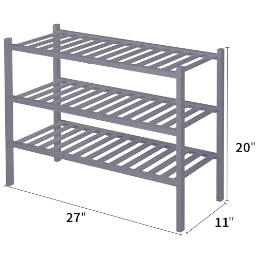 ROMGUAR CRAFT 3 Tier Bamboo Shoe Rack for Closet Free Standing Wood Shoe Shelf Storage Organizer for Entryway Small Space Stackable 27"x11"x20" (Grey) - color: Grey, size: 3 Tier