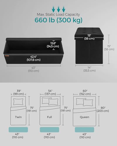 SONGMICS Mazie Collection - 43 Inches Storage Ottoman, Foldable Storage Bench with Flipping Lid, 660 lb Load Capacity, for Entryway, Living Room, Bedroom, Ink Black ULSF076B01 - color: Ink Black, size: 15"D x 43"W x 15"H