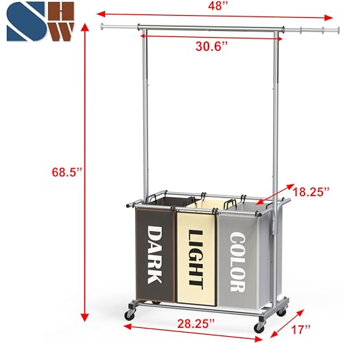 Simple Houseware 3-Bag Laundry Sorter with Extensible Clothes Hanging Rod, 3-Logoed Multi Color Bags - color: Multi
