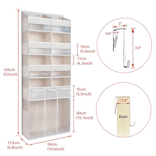 Extra Large Over The Door Organizer with Clear Pockets - 8 Compartments & XL Bottom Storage, Heavy-Duty Hanging Organizer for Bathroom, Bedroom, Closet (57 Inch Height). - color: Beige