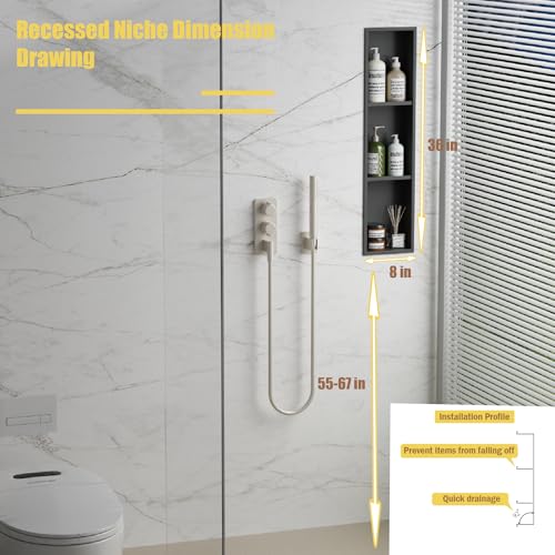 Tall Niche Three-Tiered Shelves Embedded in The Wall，Shower Niche No Tile Needed for Bathroom Niche Decor ，Stainless Steel（Black 8"x 36"） - color: Black, size: 36 * 8 in