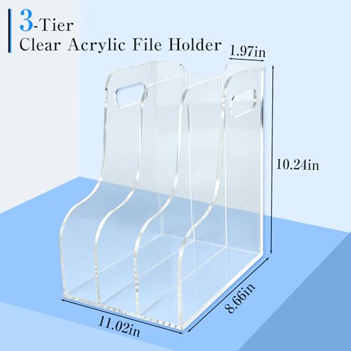3-Tier Clear Acrylic File Holder, Vertical Document Organizer for Magazines, Binders, Notebooks & Envelopes - Multi-Purpose Desk Storage for Home Office（A4,3 Sections） - size: A4, 3 Sections