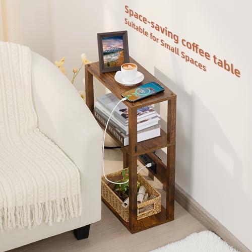 YUFAM 3-Tier Small Narrow Wood Side Table with Charging Station, Skinny Nightstand for Small Space, Slim Bedside Table with Storage for Couch, Thin End Table with USB Ports and Outlets, Rustic Brown - color: Brown, size: 1 Pack