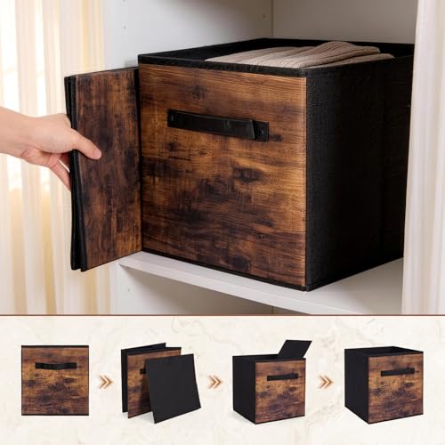 11 Inch Fabric Storage Cubes, 6 Pack Foldable Storage Bins with Handle, Fabric Cube Box for Shelves, Closet, Bedroom, Living Room, Organizer, Rustic Brown and Ink Black - color: 6 Pack Brown Black, size: 11 Inch