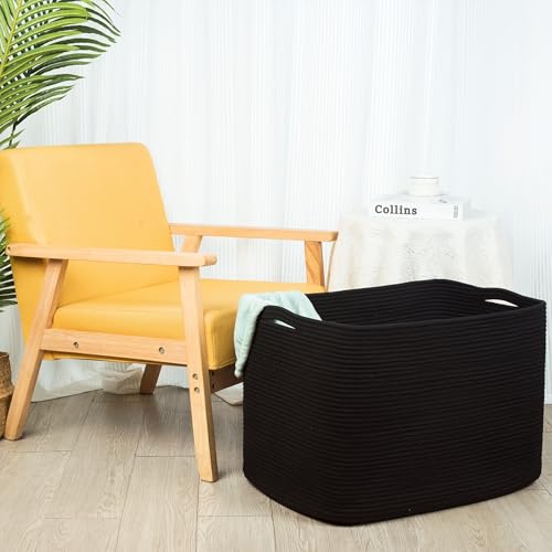 MINTWOOD Design 112L Extra Large Blanket Basket Holder Living Room, 25"x17"x16" Rectangle Rope Woven Storage Basket with Handles for Laundry, Pool Towels, Shoes, Dog Toy Organizer Bin Box, Black - color: Black