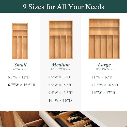 Silverware Organizer, Bamboo Kitchen Drawer Organizer, Utensil Holder, Cutlery Tray & Spoon Flatware Storage with Grooved Drawer Dividers (10''W x 16''D) - color: Natural, size: 10''W x 16''D