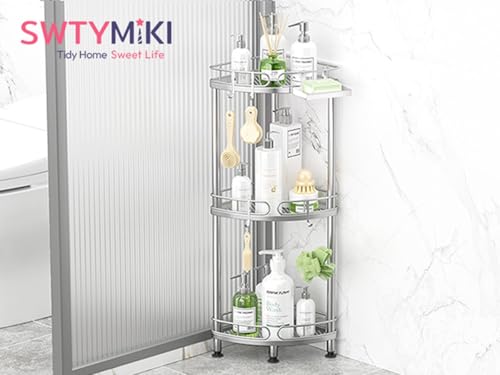 SWTYMIKI Corner Shower Caddy Standing - 3 Tier Rustproof Metal Shower Organizer Stand with Soap Holder and 4 Hooks, Freestanding Floor Shower Storage Stands for Bathroom, Silver - color: Silver-3 tier