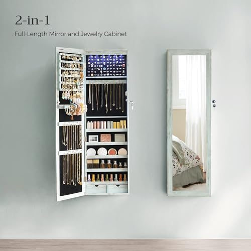 SONGMICS 6 LEDs Mirror Jewelry Cabinet, 47.2-Inch Tall Lockable Wall or Door Mounted Jewelry Armoire Organizer with Mirror, 2 Drawers, 3.9 x 14.6 x 47.2 Inches, Rustic Green UJJC93UJ - color: Rustic Green