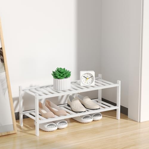 RONGJlA 2 Tier Bamboo Shoe Rack for Closet Free Standing Wood Shoe Shelf Storage Organizer for Entryway Small Space Stackable, White - color: White, size: 2-Tier-Regular
