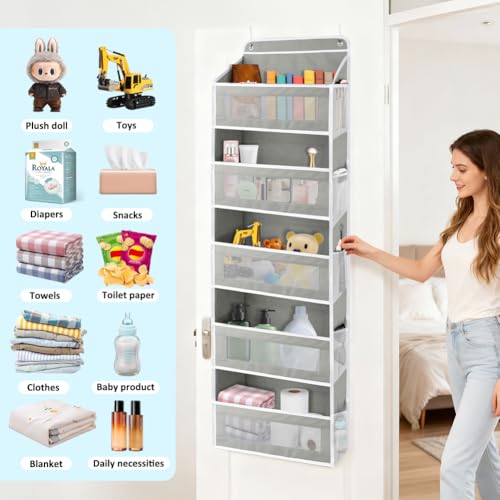Over The Door Storage Organizer with 5 Extra Large Pockets & Side Mesh Pouches, Hanging Closet Door Organizer for Bedroom, Baby Nursery Storage, Anti-Tilt Design, Fits 1.6" Doors-Gray - color: Gray