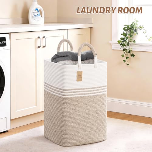 Laundry Basket Hamper,Blanket Storage,Dirty Clothes Hamper with Swivel Handles,Woven Cotton Rope Toy Baskets,Blanket Basket Living Room,Decorative Hampers for Nursery,Bedroom,White & Linen,60L - color: White & Linen, size: 60L