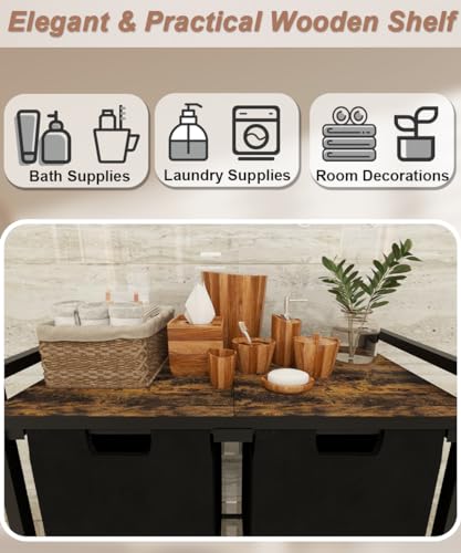 12 x 2 Gal Large Laundry Hamper with Wheels, 2 Pull-Out & Removable Sorter Bags, Freestanding Clothes Basket Organizer for Clothing or Toys in Bathroom and Living Room, Rustic Brown and Black - size: 2 Section with wheels