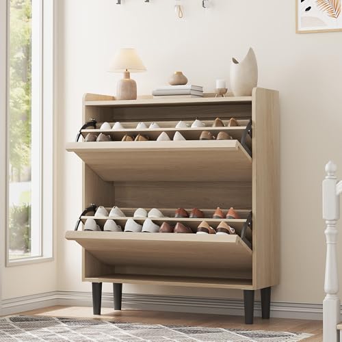 GarveeHome Shoe Cabinet with 2 Flip Drawers, Wooden Shoe Organizer Cabinet with Adjustable Shelf, Shoe Storage for Entryway, Hidden Shoe Cabinet for Hallway, Living Room, Natural Oak - color: Natural Oak, size: 2-Drawers