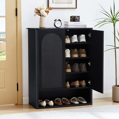 Shoe Cabinet, 5 Tier Wooden Shoe Storage Organizer Cabinet with Adjustable Shelves, Shoes Rack Accent Cabinet for Entryway Hallway Living Room, Black - color: Black