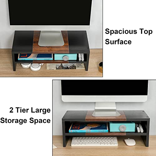 TEAMIX 2 Tiers Desktop Monitor Stand Riser 20 Inch Printer Stand with Storage Small TV Riser Laptop Wooden Desk Organizer Shelf Bookshelf (Black+Brown, 2 tiers) - color: Black+Brown