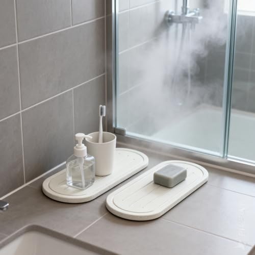 Razborci 2PCS Water Absorbing Stone Drying Tray Mat for Bathroom Sink & Kitchen Counter Faucet Organizer Decor, Quick Dry Dish Soap Dispenser Sponge Holder, Vanity Sink Caddy Coaster,White -10"*3.8" - color: 2pack-10"x 3.8" - White
