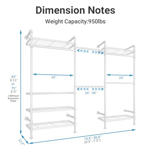 Timate F3 Garment Rack Heavy Duty Clothes Rack for Hanging Clothes, Expandable Industrial Pipe Wall Mounted Clothing Rack, Adjustable Storage Closet Wardrobe Closets System, White - color: White, size: F3