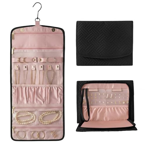 Jewelry Organizer with Hanger,Hanging Jewelry Organizer, Portable Travel Jewelry Bag,Foldable Storage for Earrings, Rings, and Watches; Can Be Hung on Wardrobes, Walls, or Doors, Black - color: Black