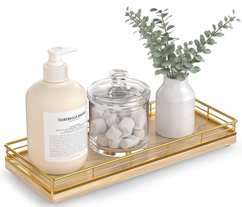 Bathroom Tray for Counter Top Organizer – Oak Wood Vanity Tray with Metal Frame for Dresser, Kitchen, Nightstand – Gold & Oak Decorative Storage - color: Gold & Oak, size: 11" x 4.5" x 1.5"