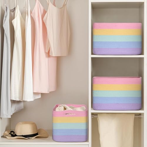Baskets for Organizing,Storage Baskets,3 Pack Baskets for Shelfves,15"×10"×9" Woven Rainbow Basket,toy storage bins,bins for organization - color: Pastel Rainbow