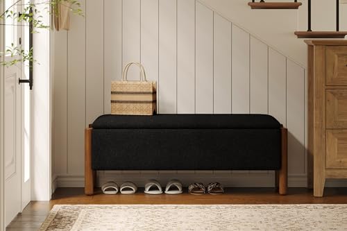 Modern Storage Benches with Walnut Wood Legs, 47'' Ottoman Bench with 20 Gallons Storage Space for Bedroom End of Bed, Fabric Upholstered Entryway Bench with Seating for Livingroom, Black - color: Black