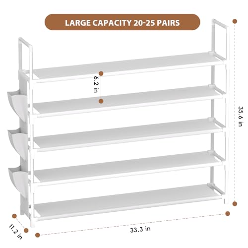 OYREL 5 Tier Shoe Organizer, 33.3in Wide x 11.2in Deep x 35.6in Tall, Black Metal and Plastic Shoe Rack with Side Bag, Holds 20-25 Pairs of Shoes - color: White, size: 5 Tier