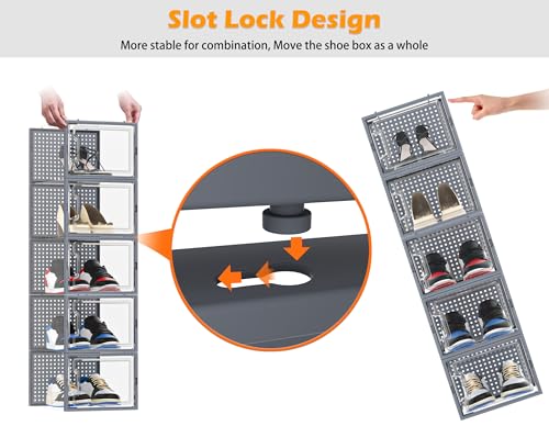 HOMIDEC Shoe Storage, 12 Pack Shoe Organizer for Closet, Shoe Boxes Clear Plastic Stackable Shoe Containers with Lids for Size 13 - color: Grey, size: XL