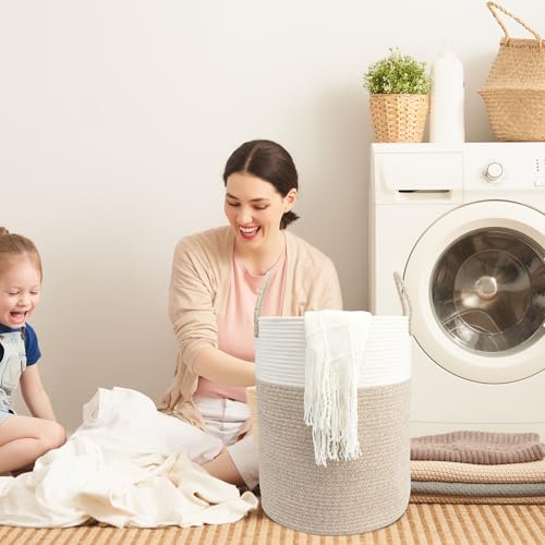 Woven Cotton Rope Laundry basket-15”X20” Laundry Hamper-Rope Storage Basket for Dirty Clothes, Toys and Blankets Perfect for Bathroom, Baby nursery and Living Room Storage (white and brown) - color: white and brown, size: regular