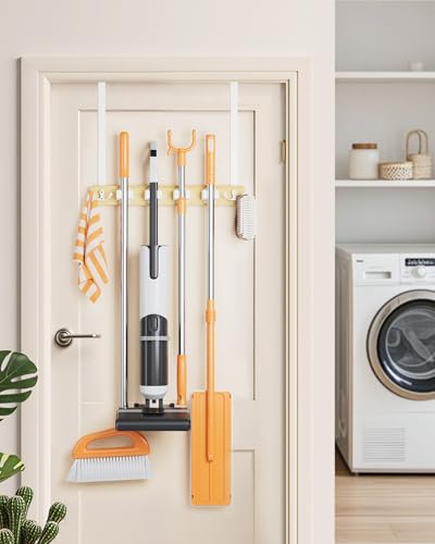 Mop and Broom Holder Wall Mount, No Drill Over the Door Broom and Mop Holder with 4 Slots and 4 Hooks, Wood Tool Hanger for Laundry, Cabinet, Kitchen, Garage - color: Natural