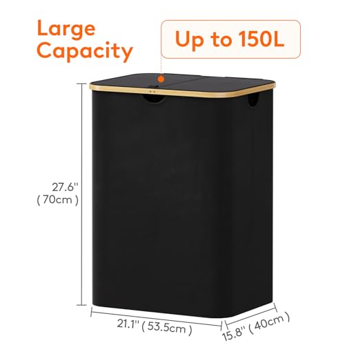 Lifewit 150L Laundry Basket with Lid, Clothes Hampers with Bamboo Handles and 2 Removable Bags, Large Foldable Laundry Hamper for Bedroom, Bathroom, Dorm, Black - color: Black, size: 150L