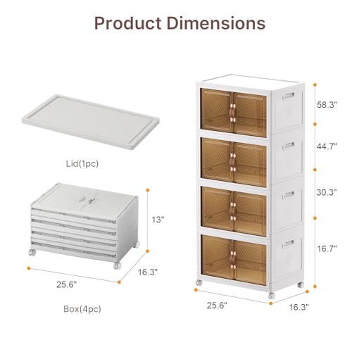 UAMFURI Stackable Storage Bins with Lids, 480QT Closet Organizers, Lockable Storage Cabinet，Foldable Storage Box with Doors and Wheels, Plastic Drawers for Home, Garage, Office (4, White, Large) - color: White, size: Large