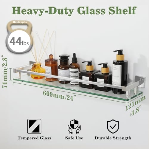 Alise Glass Bathroom Shelves Wall Mounted, 24 Inch Polished Chrome Tempered Floating Shelves Bathroom, Stainless Steel Bathroom Glass Shelf - color: Polished Chrome, size: 24 Inch