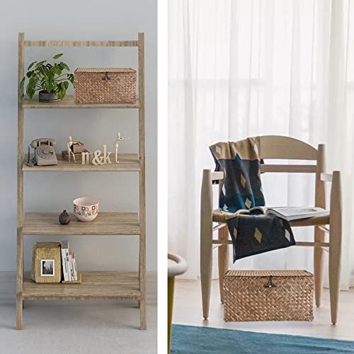 Hipiwe Wicker Shelf Baskets Bin with Lid, Handwoven Seagrass Basket Storage Bins Rectangular Household Basket Boxes for Shelf Wardrobe Home Organizer, Coffee Large - color: Coffee, size: Large