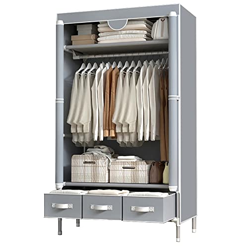 Portable Clothes Closet Rolling Door Wardrobe with Hanging Rack Non-Woven Fabric Storage Organizer with Three Drawer Boxes No-Tool Assembly - 35.4 x 17.7 x 67.0 ‘’ (Gray)