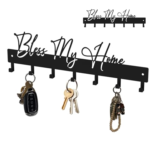 Exquisite Fashion Phrase Key Holder Wall Mount,Bless My Home Key Hooks for Wall Decoration,Black Metal Key Hanger with 7 Hooks for Entryway,Office,Living Room Decor - color: Bless My Home