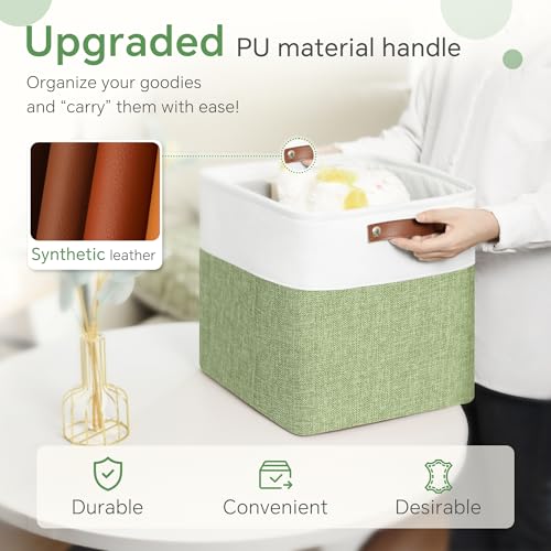FinishingBo Cube Storage Baskets 6 Pack, 11x11 inch Cube Storage Bins with Leather Handles for Shelf Closet (White/ Green) - color: White/ Green