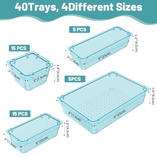 WOWBOX 40 PCS Plastic Drawer Organizer Set, 4 Sizes Desk Drawer Organization and Storage Containers for Makeup, Cosmetics, Jewelry and Gadgets in Kitchen, Bathroom, Bedroom, Office, Clear Sea Blue - color: Sea Blue, size: 40 PCS