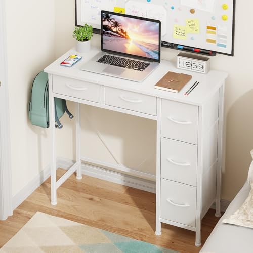 HIGDBFE Small Desk with 5 Fabric Drawers, 33 Inch Writing Desk for Home Office, Simple PC Desks for Small Place, Kids Girls Teen Study Table Vanity for Bedroom, Dorm, White, 14" D - color: White