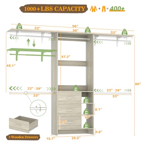 Aheaplus Closet System - 8FT Organizer with 3 Wooden Drawers, Fits 5.3-9 ft Walk-in Closet, White Oak - color: White Oak