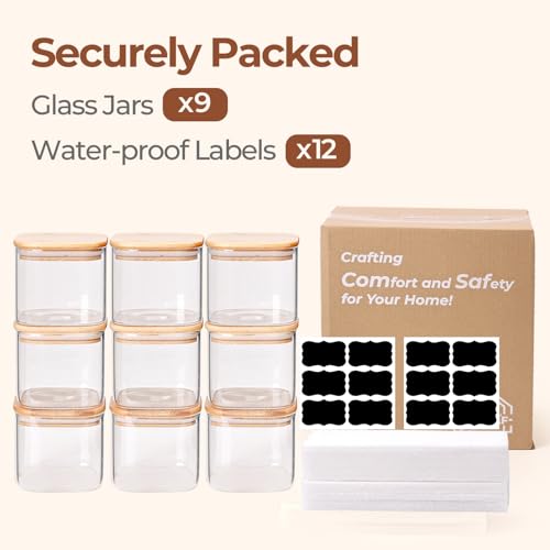 ComSaf 0.7 Qt Glass Food Storage Jars Set of 9, Clear Glass Storage Containers with Lids, Pantry Organization Jar, Spice, Blooming Tea, Oat, Coffee and Sugar Container, Small Canister Set for Kitchen - size: 0.7Qt*9