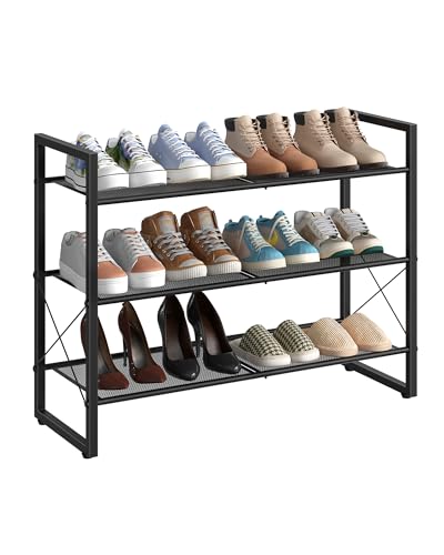 CHOEZON Shoe Rack, 3-Tier Shoe Rack for Closet, Metal Shoe Storage Organizer, Shoe Rack for Entryway, Shoe Shelf with Adjustable Feets, for Entryway, Hallway, Living Room, Bedroom, Black TXJ13BB - size: 30"L x 10.4"W x 22.6"H