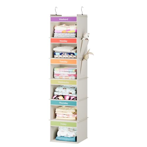 YOUDENOVA 6-Shelf Weekly Hanging Closet Organizer, Weekly Clothes Organizers for Kids with 2 Side Pockets, Beige - color: Beige