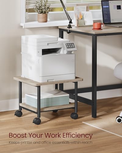 VASAGLE Printer Stand with Locking Wheels, Industrial Mobile Cart, Under Desk Printer Table for Home Office, 18.9 x 15.7 x 13.4 Inches, Storage Shelf, 2-Tier, Heather Greige and Ink Black - color: Heather Greige + Black, size: 2 Tiers/Compact